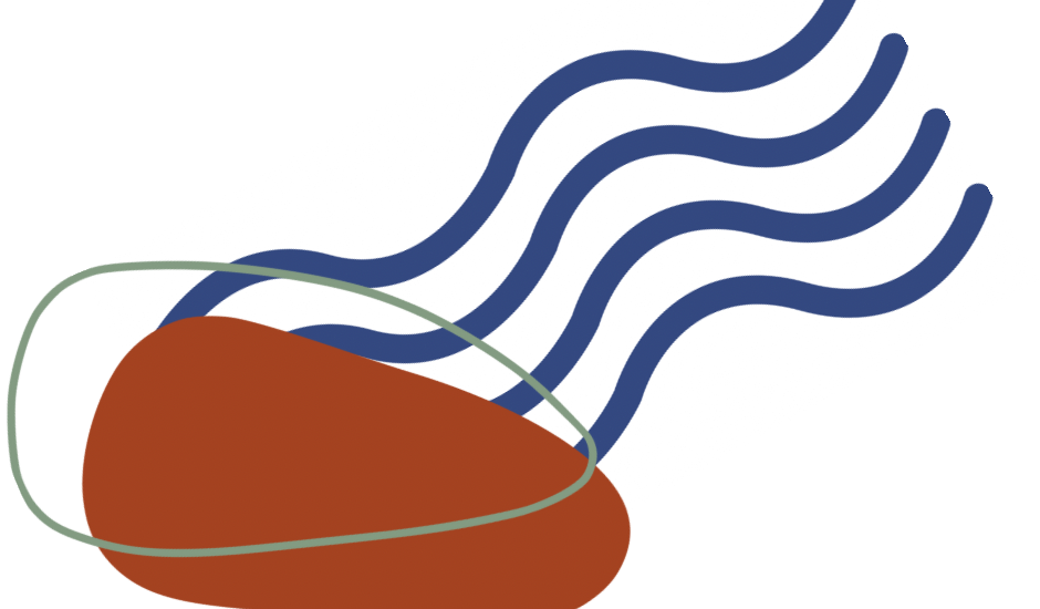 Abstract representation of footing and flow. There is a brown boulder and wavy lines representing water or flow.